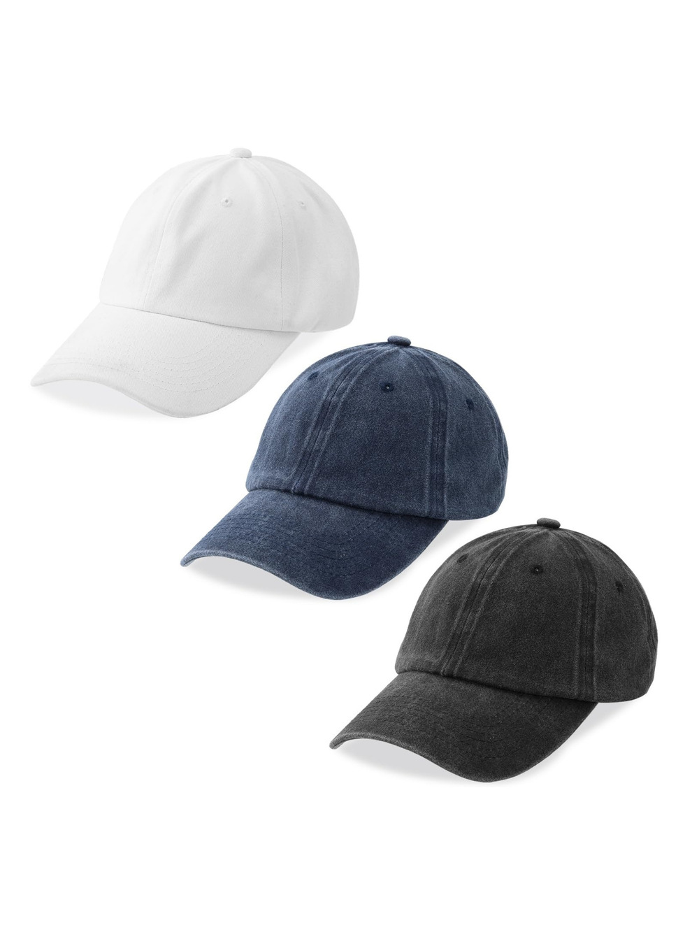 3 Packs Washed-Cotton Plain Baseball Cap | Black, Navy Blue, White | Size OS
